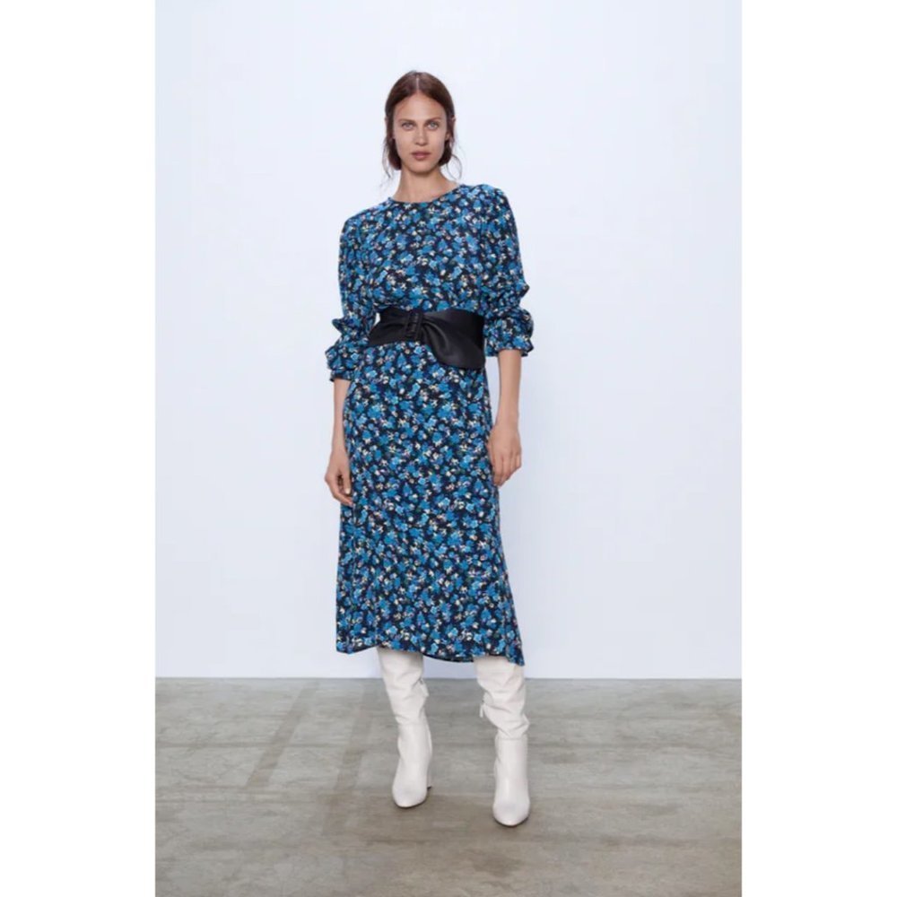 NEW Zara Blue Floral Print Long Sleeve Midi Dress